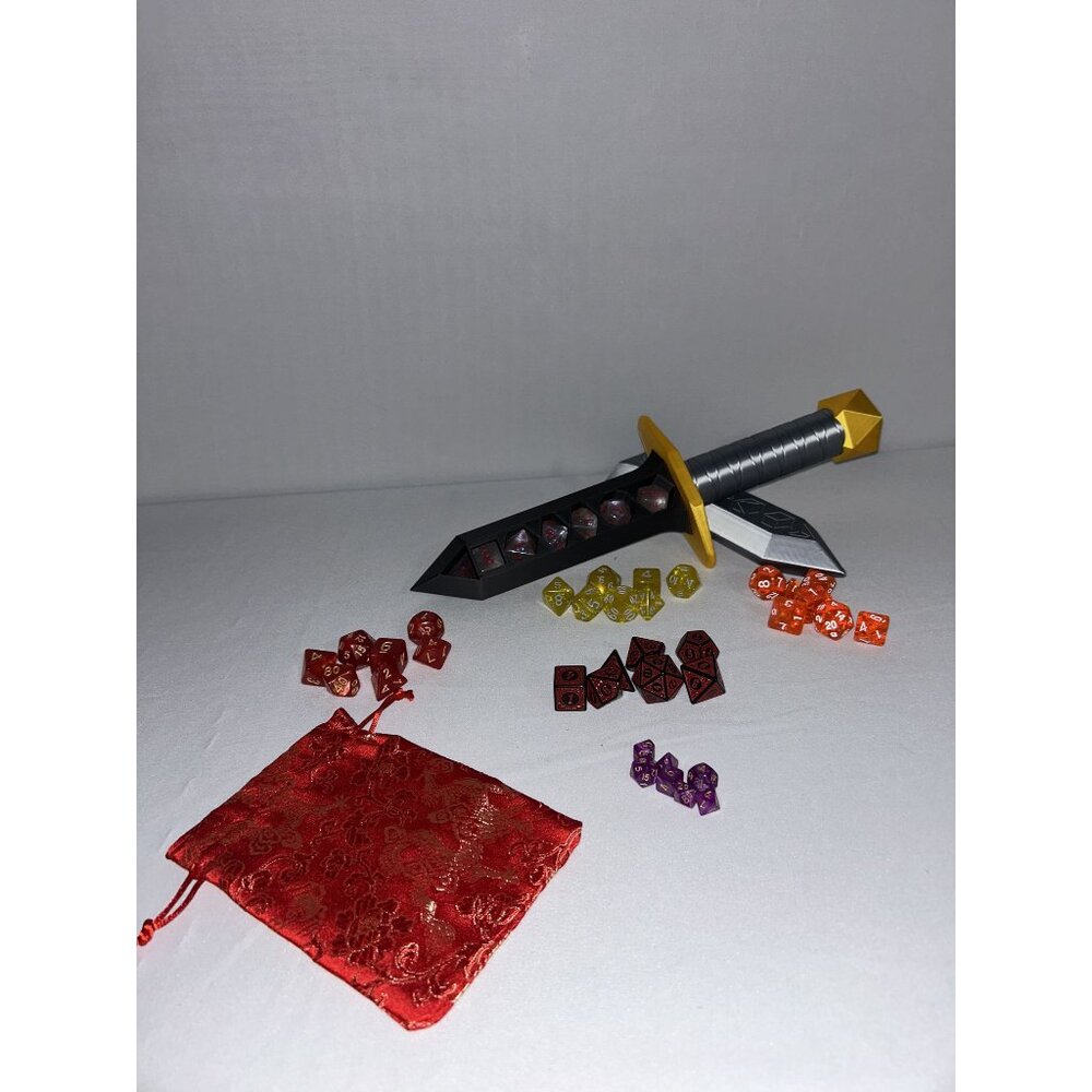 Dungeons & Dragons Sword Dice Holder With Polyhedral Dice Set & Red Pouch
